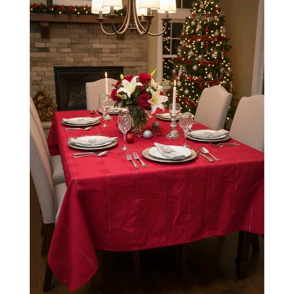 Vtg Red Snowflake Metallic Kitchen Dining Decor Rectangle Tablecloth 76"x67"